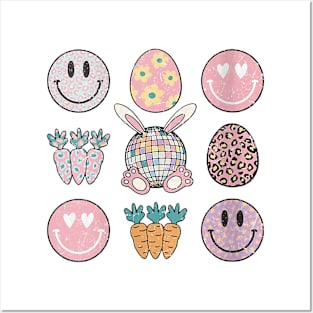 Retro Groovy Bunny Smile Disco Eggs Carrot Happy Easter Day Posters and Art